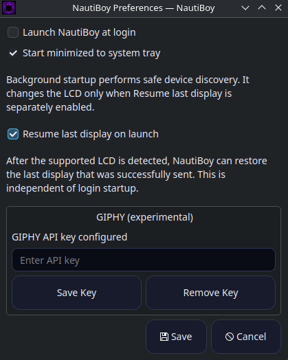 NautiBoy Preferences showing startup, resume, GIPHY, and tester support options